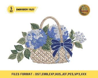 Blue Hydrangea Basket Embroidery Design, Coquette Bow Floral Spring Flower Machine File (Digital Download)