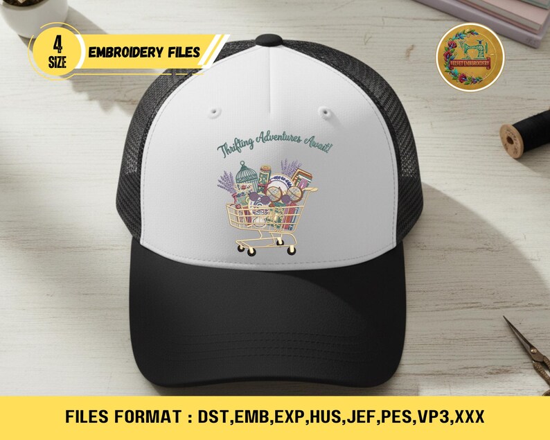 May include: A black and white trucker hat with a white front panel featuring a shopping cart graphic filled with thrifted items. The text "Thrifting Adventures Await!" is above the cart. The hat has a black mesh back and a black brim.