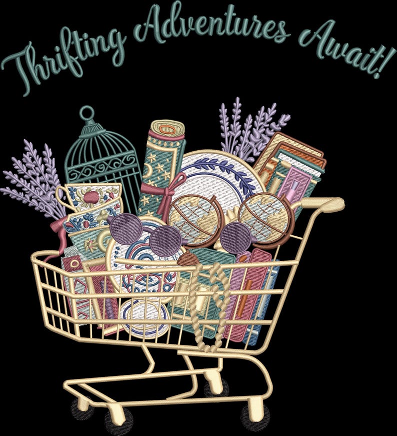 May include: A shopping cart overflowing with vintage treasures, including books, plates, globes, and a birdcage. The words "Thrifting Adventures Await!" are written above the cart in a teal script against a black background.