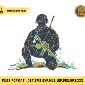 Puede incluir: Diseño de archivo de bordado que presenta la silueta de un soldado arrodillado con un patrón geométrico. El soldado sostiene un rifle. El diseño incluye el texto "EMBROIDERY FILES" y "SIZE". Los formatos de archivo se enumeran en la parte inferior.