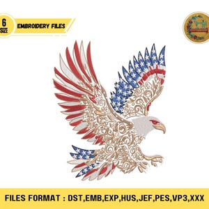 Patriotic American Eagle Embroidery Design, Bald Eagle with American Flag Machine Embroidery File for Hats Shirts Jackets