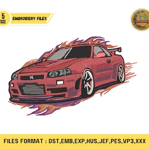 May include: Red sports car embroidery file with flames, a spoiler, and the text "EMBROIDERY FILES". The design includes the text "5 SIZE" and the file formats: DST, EMB, EXP, HUS, JEF, PES, VP3, XXX. A circular logo is in the upper right corner.