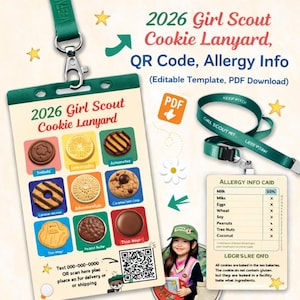 2026 Cookie Lanyard Template | Editable QR Code, Allergy Info (Canva PDF)