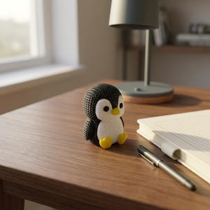 Pode incluir: Uma pequena estatueta de pinguim texturizada com cabeça e costas pretas, peito e rosto brancos, e pés e bico amarelo brilhante. O pinguim tem grandes olhos pretos redondos e um padrão de superfície em grade por todo o corpo.
