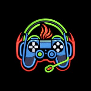 May include: Embroidered design of a blue video game controller with a headset and flames on a black background. The controller has white buttons and a green microphone. The headset is green and blue.
