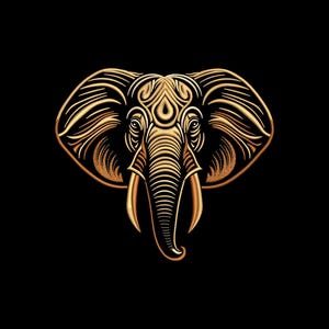 May include: A detailed gold-colored illustration of an elephant's head against a black background. The elephant's features, including the tusks, trunk, and ears, are intricately designed with fine lines, creating a decorative and artistic representation.
