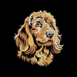 Könnte beinhalten: Gesticktes Porträt eines Cocker Spaniels in Gold- und Brauntönen vor schwarzem Hintergrund. Die Stickerei zeigt das Gesicht des Hundes detailliert. Nahaufnahme des Kopfes und der Schultern des Hundes.