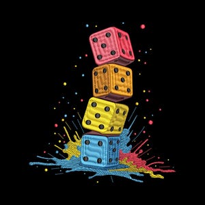 Puede incluir: Un diseño bordado de cuatro dados apilados en rosa, naranja, amarillo y azul. Cada dado tiene puntos negros. El fondo es negro con salpicaduras de pintura coloridas.