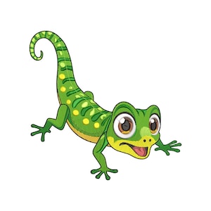 May include: A cartoon illustration of a green lizard with a yellow belly and spots. The lizard has large, expressive eyes and a curled tail. Its mouth is open, and it appears to be smiling. The image is set against a white background.
