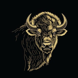 Può includere: Illustrazione dettagliata di una testa di bisonte dorata su sfondo nero. L'opera d'arte mette in risalto le corna, la pelliccia e i lineamenti del viso dell'animale con linee sottili, creando un contrasto sorprendente.