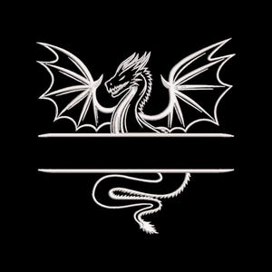Peut inclure: Un dessin de dragon blanc avec des ailes déployées, une longue queue et un espace pour le texte, sur fond noir. Le dragon est détaillé avec des lignes nettes, créant un contraste saisissant.