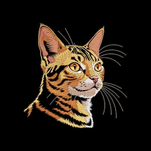 Peut inclure: Portrait brodé d'une tête de chat, avec des rayures orange et noires sur fond noir. Le chat a des yeux jaunes et de longues moustaches blanches. La broderie est détaillée et réaliste.