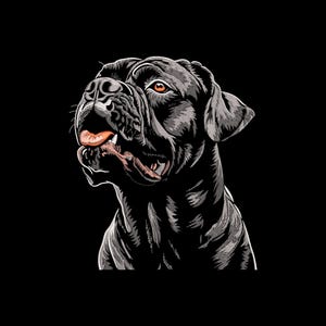 May include: Detailed illustration of a black dog against a black background. The dog's mouth is open, showing its tongue, and its eyes are orange. The artwork has a textured appearance.