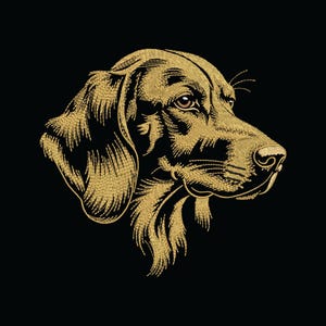 May include: An embroidered image of a dog's head in profile, rendered in gold thread on a black backdrop. The stitching details the dog's fur, creating a textured effect. The dog's eye is a warm brown, contrasting with the gold and black.