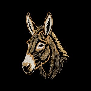 May include: An embroidered design of a donkey's head, rendered in shades of gold and brown against a black background. The donkey's eye is detailed, and the fur is textured, creating a realistic depiction. The design is likely for apparel or home decor.