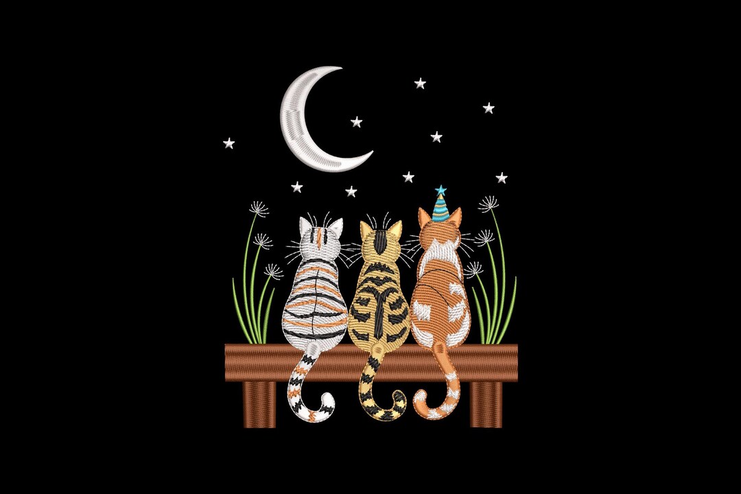 Three Tabby Cats Embroidery Design, Moon and Stars Machine Embroidery ...