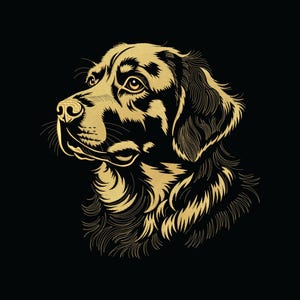 Op de afbeelding: Illustratie van een golden retriever op een zwarte achtergrond. De kop van de hond is opzij gedraaid en toont zijn gedetailleerde vacht en gelaatstrekken. Het kunstwerk heeft een vintage, gegraveerde stijl.