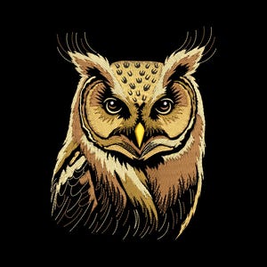 Puede incluir: Diseño de búho bordado sobre fondo negro. El búho presenta puntadas detalladas en tonos dorados, marrones y beige, con un pico amarillo y ojos grandes y expresivos. La obra de arte muestra las plumas y los mechones de orejas distintivos del búho.