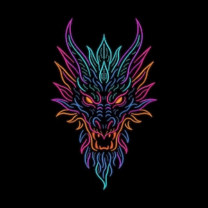 Może przedstawiać: Neonowa ilustracja głowy smoka na czarnym tle. Smok jest obrysowany w żywych kolorach: różowym, pomarańczowym, turkusowym i niebieskim. Oczy smoka są jasno pomarańczowe, a jego pysk jest otwarty, odsłaniając ostre zęby.