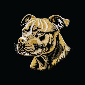 Puede incluir: Ilustración detallada de la cabeza de un perro en oro y blanco sobre un fondo negro. La obra de arte presenta los rasgos del perro con líneas intrincadas, destacando su pelaje y estructura facial. La mirada del perro está enfocada, y el estilo general es artístico.