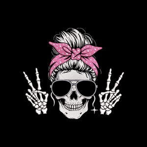 May include: A black graphic featuring a skull wearing sunglasses and a pink polka-dot headband. The skull has white hair and is making a peace sign with both skeletal hands. A star is below the skull.