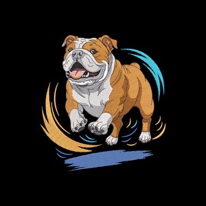 Può includere: Un disegno ricamato di un bulldog in corsa con un mantello marrone e bianco, su sfondo nero. Il cane è raffigurato con la bocca aperta e la lingua di fuori, con linee di movimento stilizzate blu e oro.