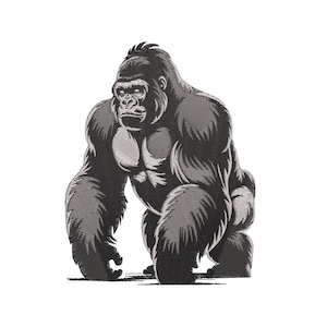 Puede incluir: Ilustración detallada en blanco y negro de un gorila en posición de caminar. El gorila es musculoso con textura de pelaje detallada, y la imagen está sobre un fondo blanco liso. La expresión del gorila es seria.