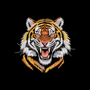 May include: Embroidered tiger head with orange and black stripes, white fur, and an open mouth, set against a black background. The tiger's eyes are yellow, and its teeth are visible. The image is a close-up of the tiger's face.