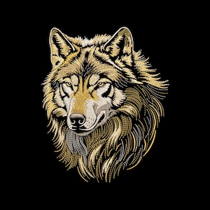 May include: Embroidered wolf head with golden and brown thread on a black background. The wolf's fur is detailed, with a focus on the eyes and nose. The design is likely for a patch or applique.