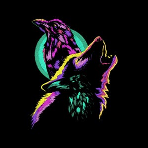 Mystisk varg och korp maskinbroderidesign, neon estetiskt vilddjursmönster, omedelbar nedladdning