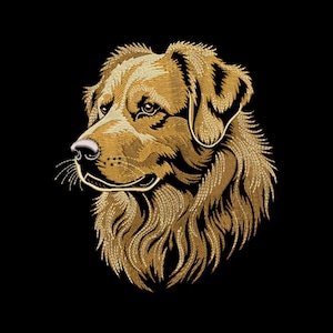 Puede incluir: Retrato bordado de un perro Golden Retriever de perfil, con hilo dorado sobre un fondo negro. El pelaje del perro está intrincadamente cosido, resaltando su textura y forma. Una pieza llamativa para los amantes de los perros.