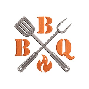 May include: Embroidered BBQ design featuring crossed spatula and fork, with the letters "B" and "Q" in orange. A small orange flame is at the bottom. The design is on a white background.