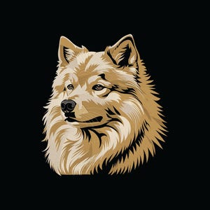 May include: A detailed illustration of a wolf's head, rendered in shades of tan and brown against a solid black background. The artwork highlights the wolf's fur texture and facial features, creating a striking visual.
