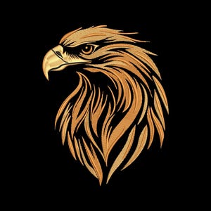 May include: Gold embroidered eagle head on a black background. The eagle's eye is detailed, and the feathers are intricately stitched. The design is a profile view, showcasing the bird's sharp beak and focused gaze. The embroidery has a textured appearance.