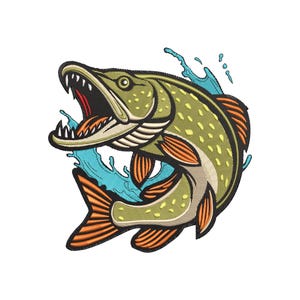 May include: A detailed illustration of a pike fish with an open mouth, showcasing sharp teeth and a red interior. The fish is green with orange fins and is surrounded by blue water splashes, set against a white background.