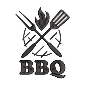 May include: Black and white BBQ logo featuring crossed grilling tools, a flame, and the word "BBQ". The design includes a fork, spatula, and a stylized flame above a grill grate.