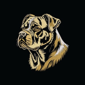 May include: A gold and black illustration of a dog's head in profile. The dog has a muscular build, with detailed fur and facial features. The background is solid black, highlighting the dog's form.