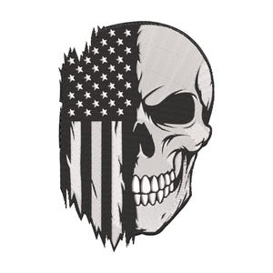 May include: A black and white illustration of a skull with the American flag incorporated into the design. The flag is on the left side, with the skull's features on the right. The image is a detailed, graphic design.