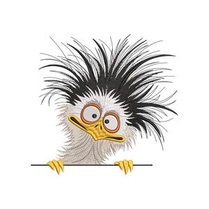May include: An embroidered design of a cartoon ostrich with a surprised expression. The ostrich has a yellow beak and feet, large orange eyes, and black and white spiky feathers. It appears to be peeking over a horizontal line.