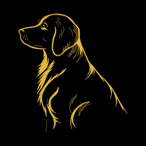 May include: A golden-yellow embroidered outline of a dog in a sitting position against a black background. The dog is facing left, with its head turned slightly towards the viewer. The embroidery details the dog's fur and features.