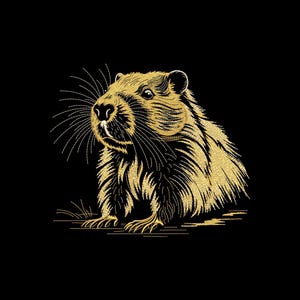 May include: A detailed illustration of a groundhog in gold against a black background. The groundhog is depicted in profile, with textured fur and whiskers. The artwork has a vintage, embroidered appearance.