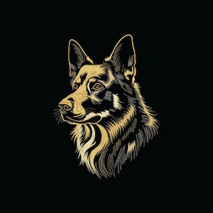 May include: A detailed illustration of a German Shepherd dog's head and upper chest, rendered in gold against a black background. The artwork highlights the dog's features, including its alert eyes, pointed ears, and fur texture.