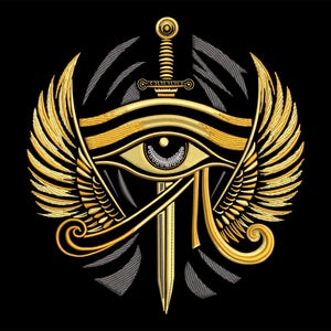 May include: Embroidered design featuring a golden Eye of Horus with wings, a sword, and a circular pattern, set against a black background. The design has intricate details and a metallic gold color.