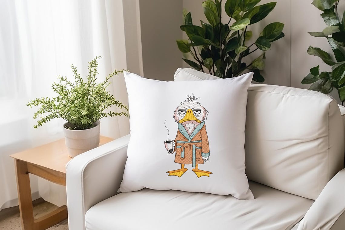 Grumpy Duck in Robe Machine Embroidery Design, Tired Morning Bird With ...
