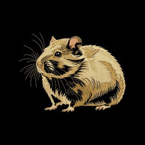 May include: Embroidered image of a hamster on a black background. The hamster is depicted in shades of tan and brown, with detailed stitching creating a textured appearance. The whiskers and fur are meticulously rendered.