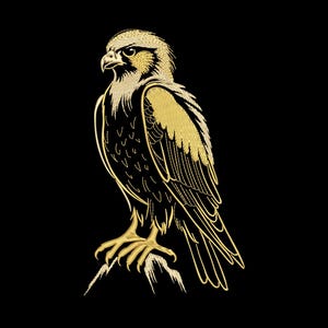 Puede incluir: Ilustración dorada de un halcón posado sobre una roca contra un fondo negro. El ave se representa de perfil, mostrando su afilado pico, ojo enfocado y detalles intrincados de las plumas. La obra de arte tiene un estilo clásico y elegante.