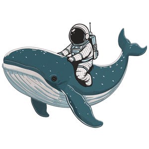 May include: Illustration of an astronaut riding a blue whale. The astronaut is wearing a white spacesuit with a black visor and a backpack. The whale is a dark teal color with white accents.