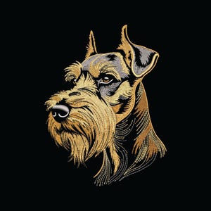Könnte beinhalten: Gesticktes Porträt eines Schnauzer-Hundes in Gold- und Grautönen auf schwarzem Hintergrund. Die detaillierten Merkmale des Hundes umfassen einen langen, goldenen Bart, eine schwarze Nase und wache Augen. Das Kunstwerk zeigt das Profil des Hundes.