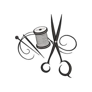 Pode incluir: Ilustração a preto e branco de ferramentas de costura, incluindo uma bobina de linha, uma agulha e um alfinete e um par de tesouras. O design é uma representação clássica do tema da costura e do artesanato.