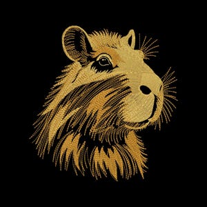 Könnte beinhalten: Gestickter Capybara-Kopf in Goldfaden auf schwarzem Hintergrund. Das Gesicht des Capybaras ist detailliert mit strukturierten Stichen, die sein Fell, sein Auge und seine Schnurrhaare hervorheben. Das Design ist eine Nahaufnahme des Kopfes des Tieres.